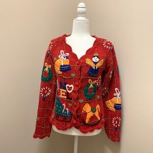 Lord & Taylor Christmas Cardigan Sweater M Red Knit Embroidered Felt Ornaments